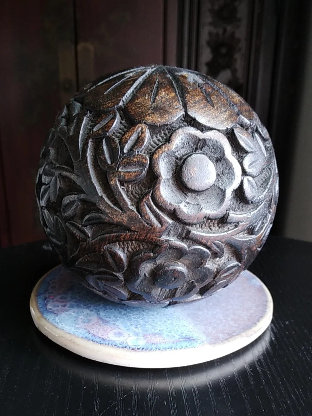 Carved Floral Decorative Wood Sphere
